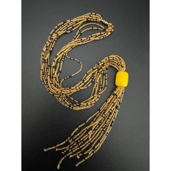 Butter Amber Bead Necklace Tassel Pendent, Black and Gold Micro Glass Beads - Picture 1 of 10